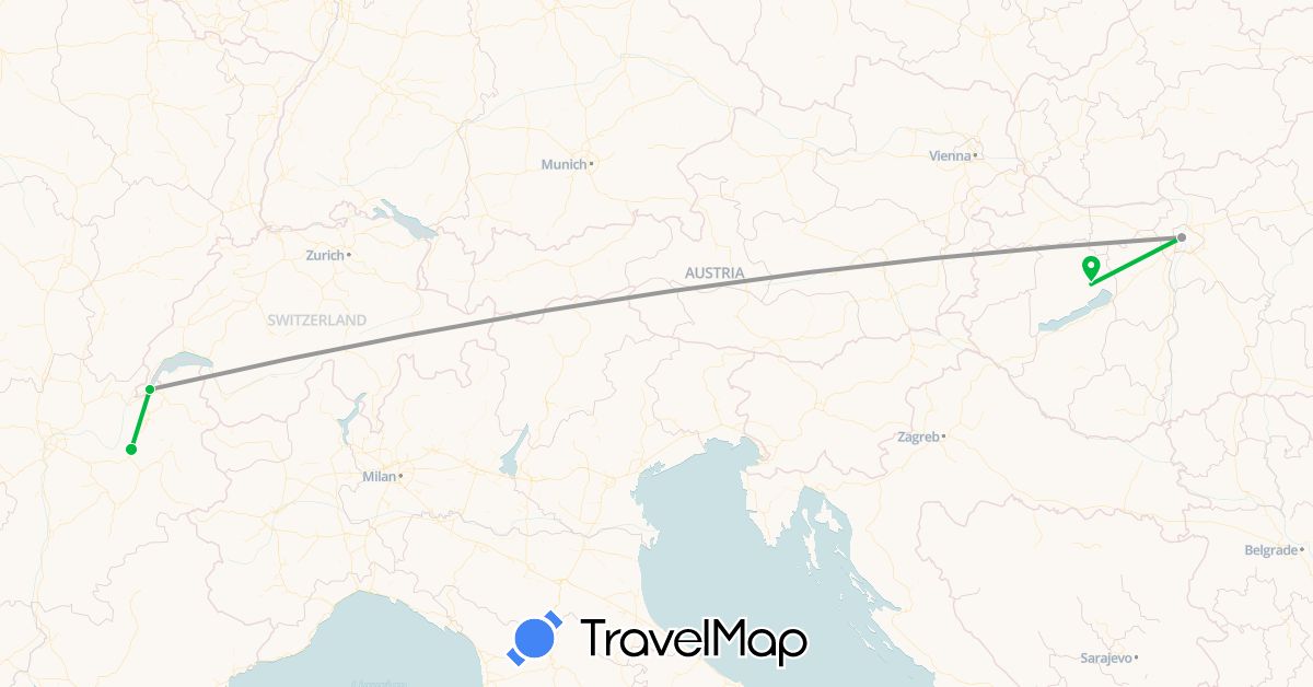 TravelMap itinerary: bus, plane in Switzerland, France, Hungary (Europe)